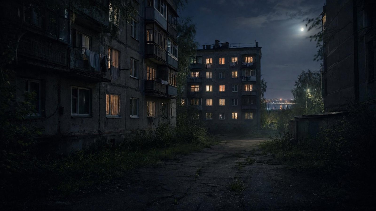Тёмный ночной двор с освещёнными окнами — история о стыде за собственное тело